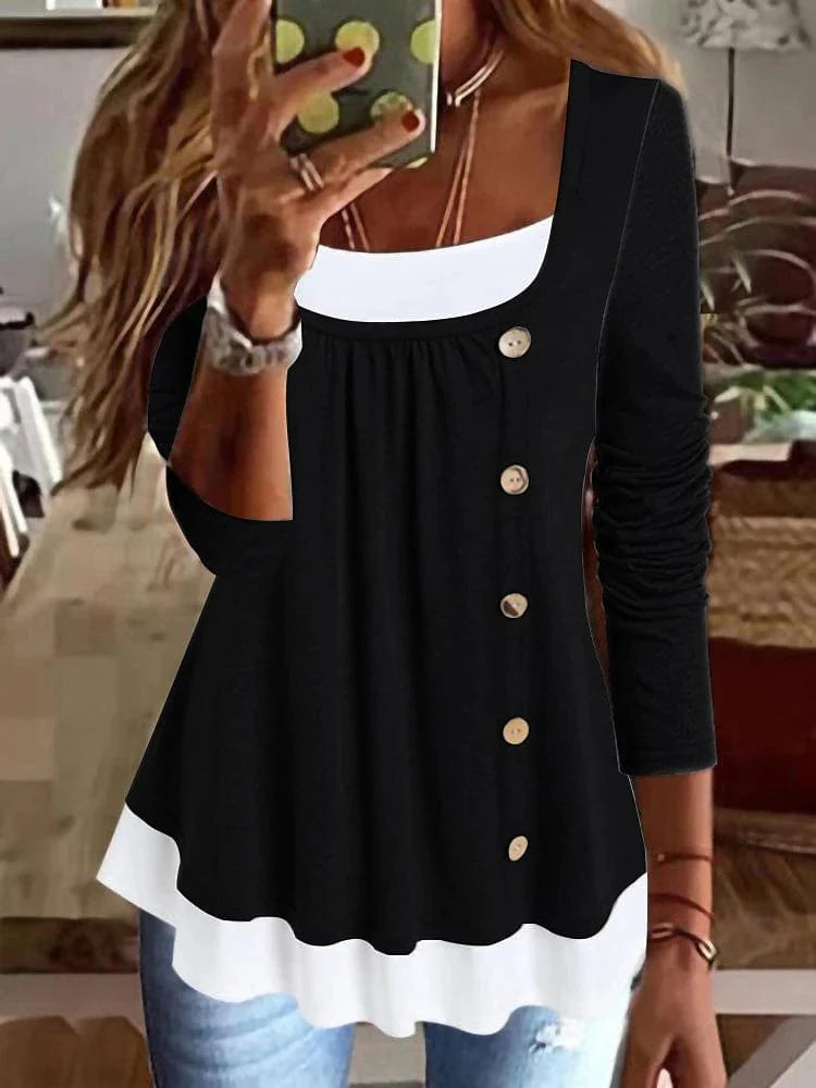 Women's Color Block Button Flowing Tunic Blouse