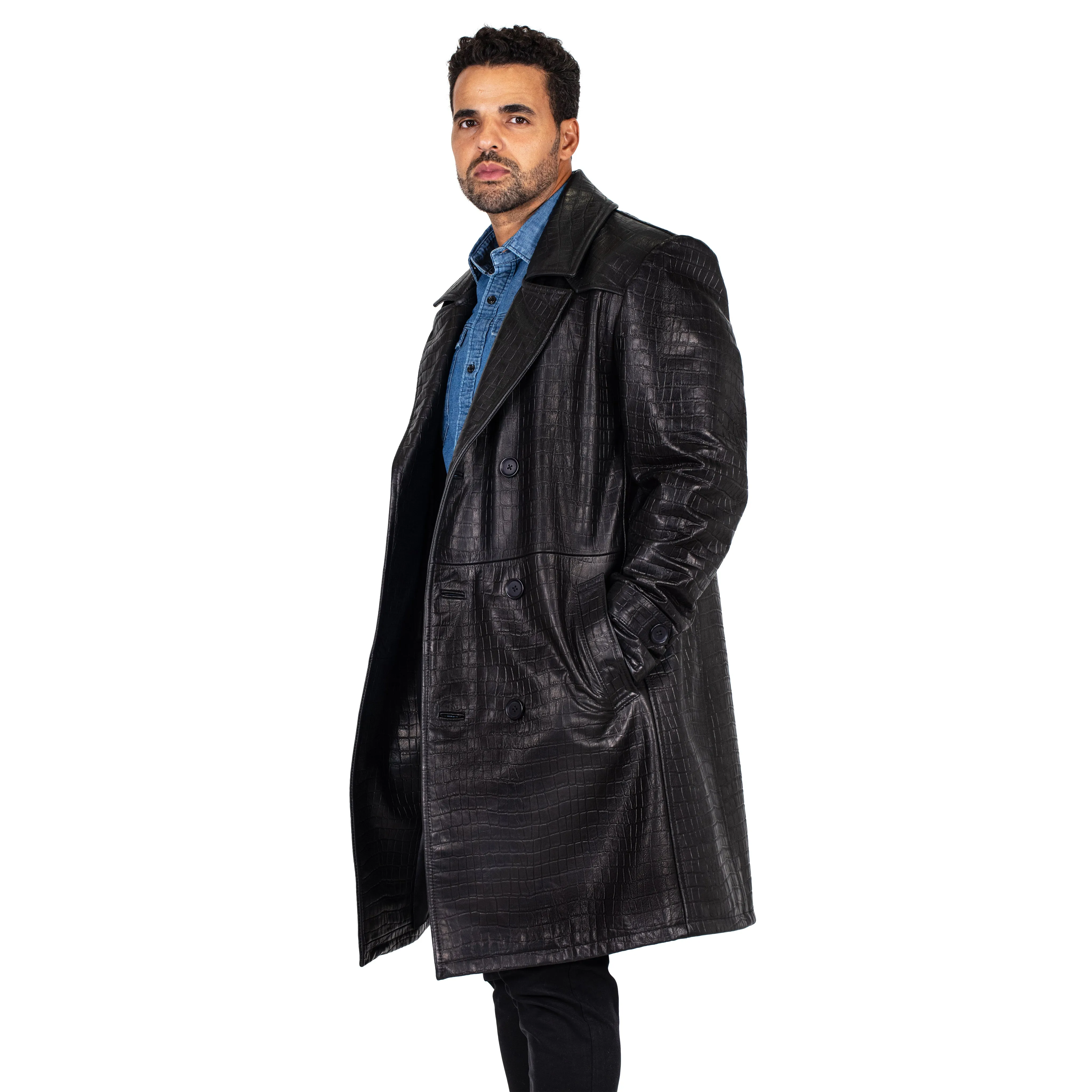 Xman double breasted embossed (alligator style) leather coat #3130