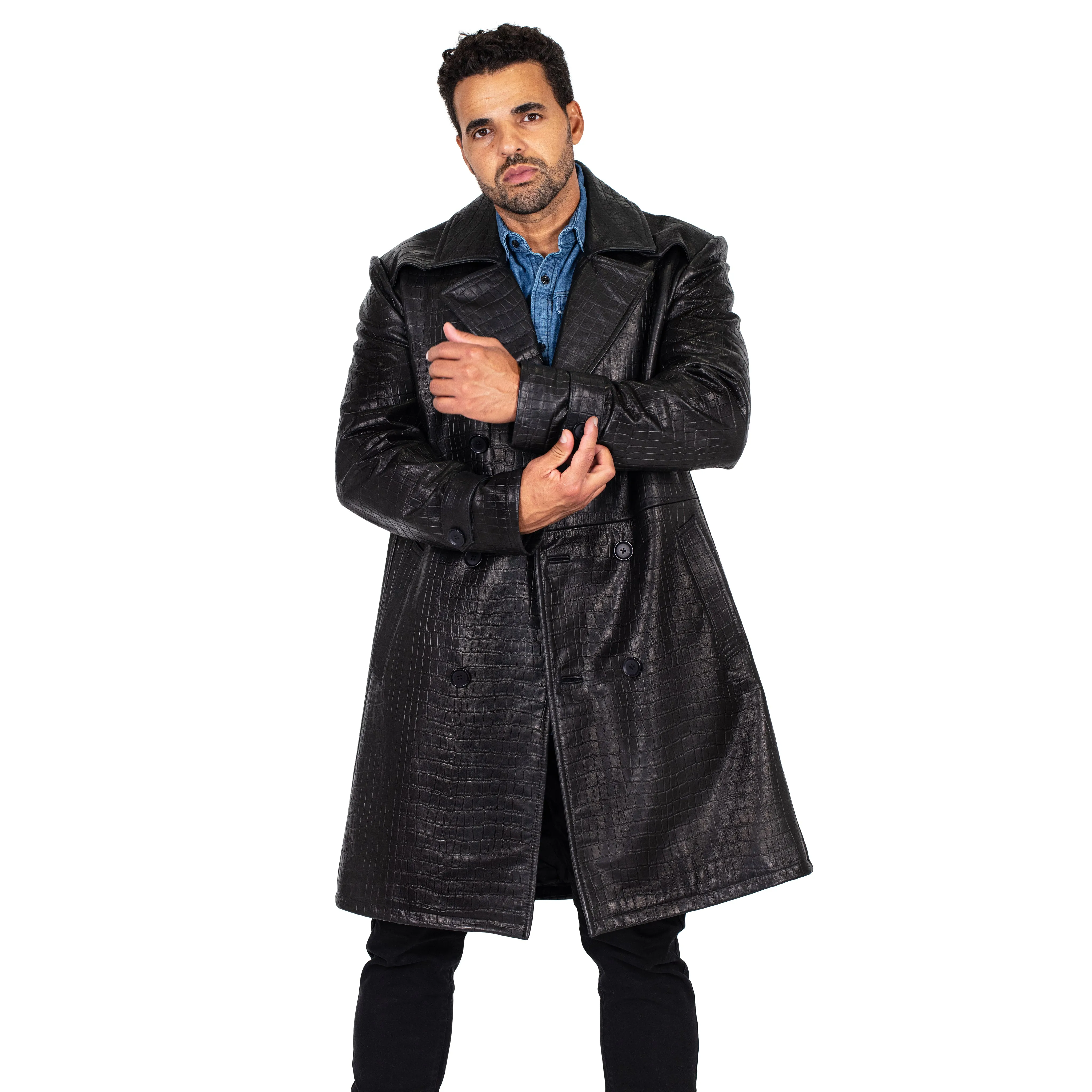 Xman double breasted embossed (alligator style) leather coat #3130