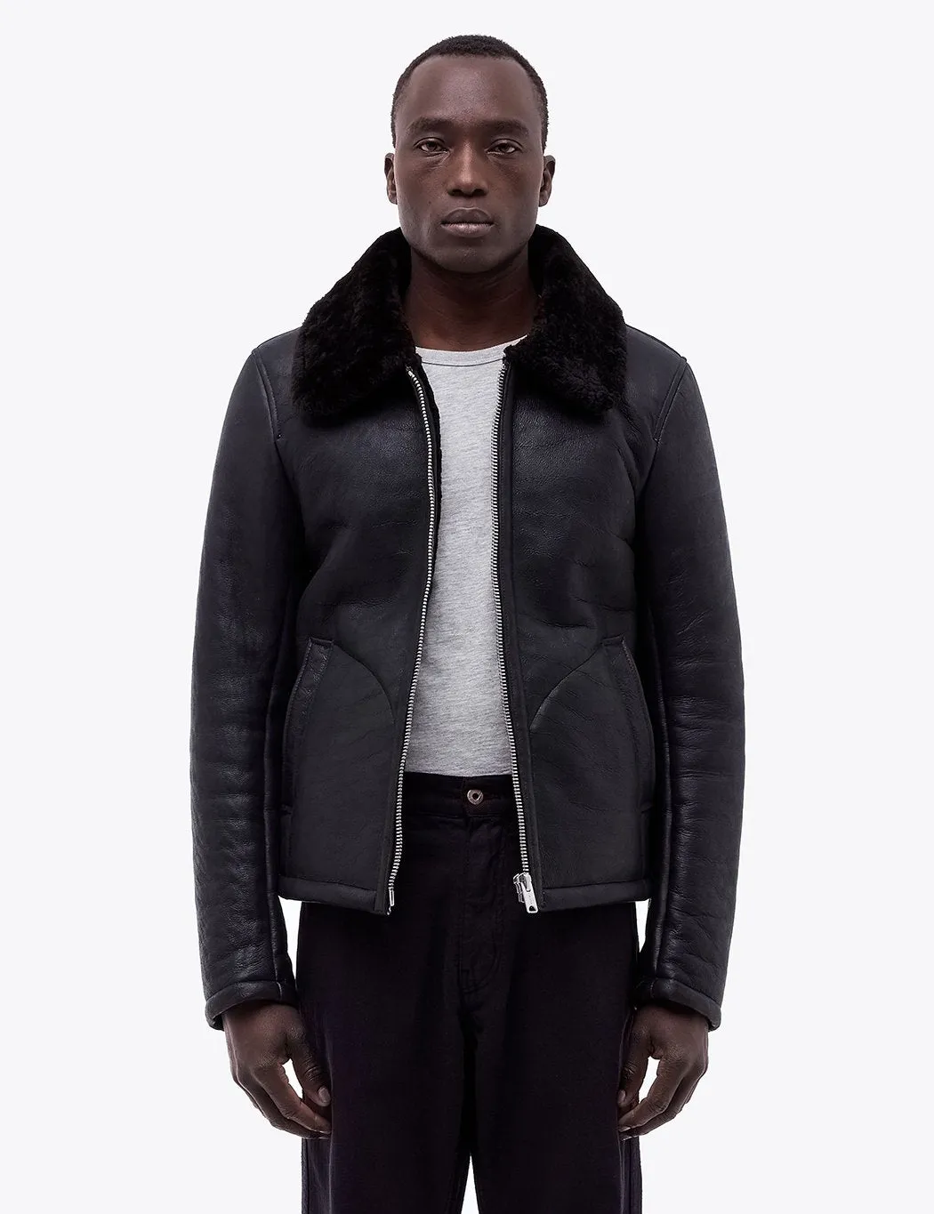 YMC Budgie Sheepskin Coat (Leather) - Black